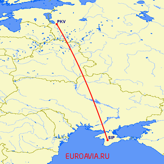 перелет Псков — Симферополь на карте