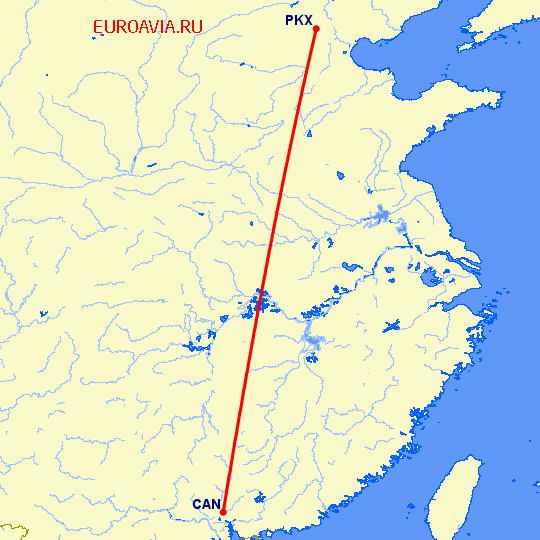 перелет Пекин — Гуанчжоу на карте