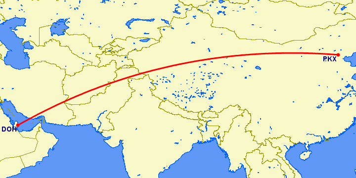 перелет Пекин — Доха на карте