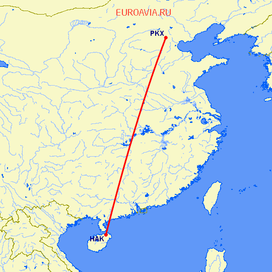перелет Пекин — Хайкоу на карте