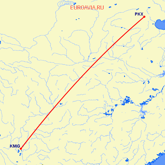 перелет Пекин — Кунминг на карте