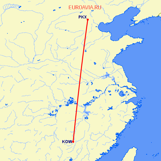 перелет Пекин — Ганьчжоу на карте