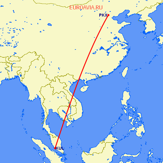 перелет Пекин — Куала Лумпур на карте