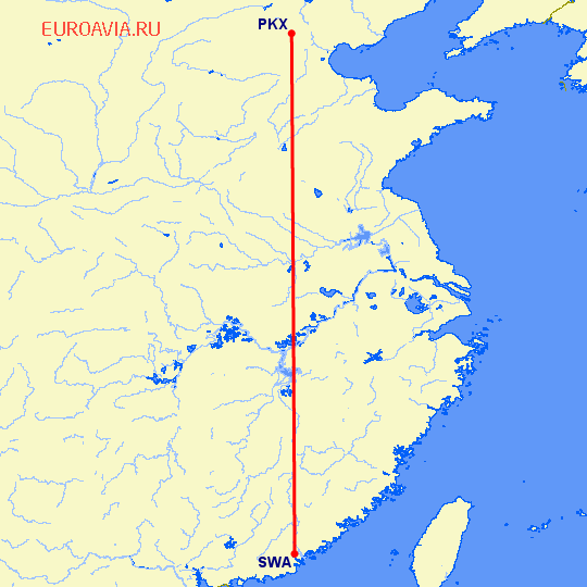 перелет Пекин — Шаньтоу на карте