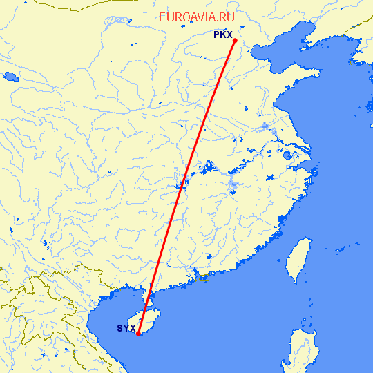 перелет Пекин — Санья на карте