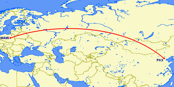 перелет Пекин — Варшава на карте