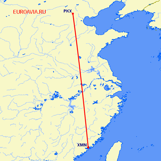 перелет Пекин — Сямэнь на карте