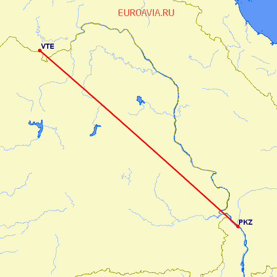 перелет Паксе — Вьентьян на карте