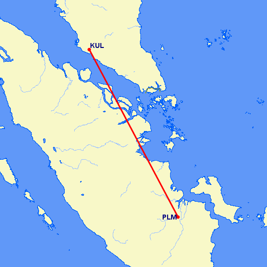 перелет Палембанг — Куала Лумпур на карте