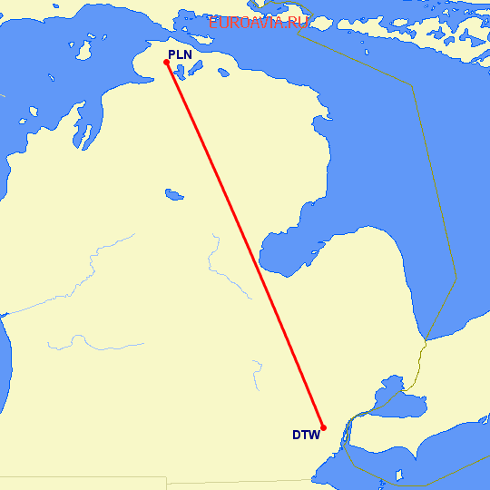 перелет Pellston — Детройт на карте