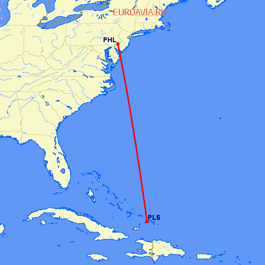 перелет Providenciales — Филадельфия на карте