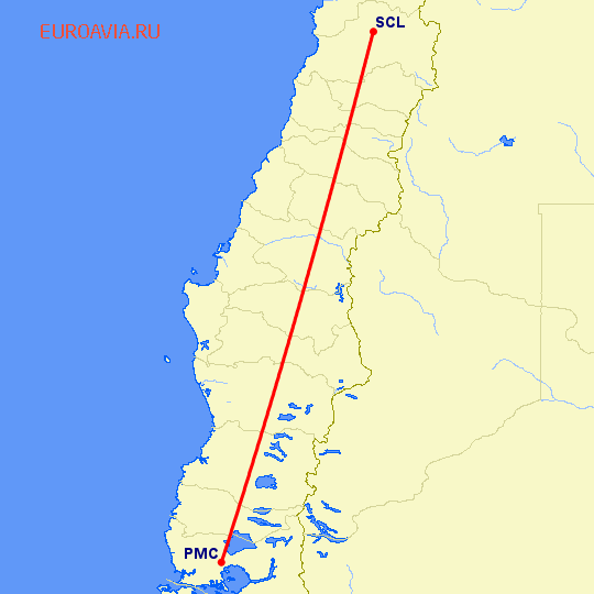перелет Пуэрто Монт — Сантьяго на карте