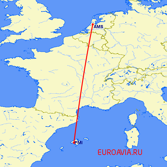 перелет Пальма де Майорка — Амстердам на карте