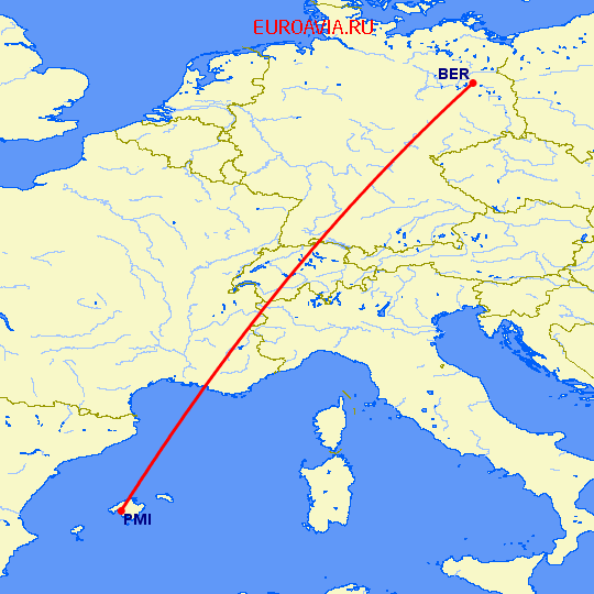 перелет Пальма де Майорка — Берлин на карте