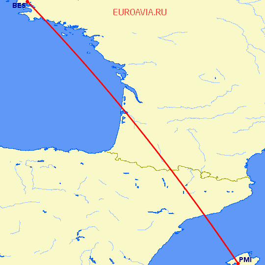 перелет Пальма де Майорка — Брест на карте