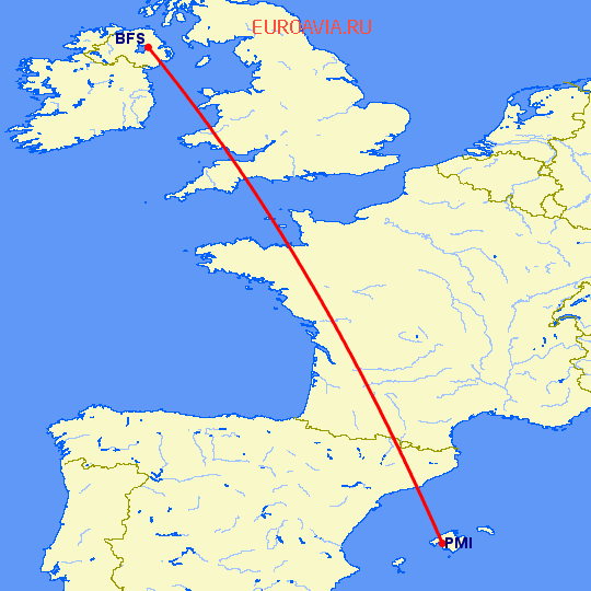 перелет Пальма де Майорка — Белфаст на карте