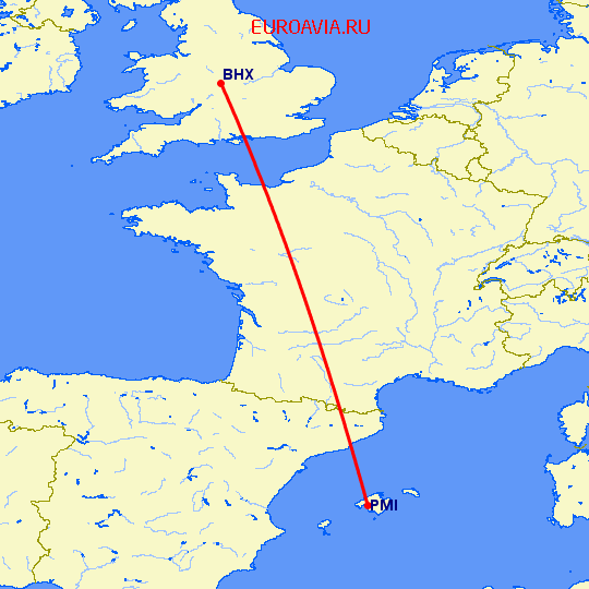 перелет Пальма де Майорка — Бирмингем на карте