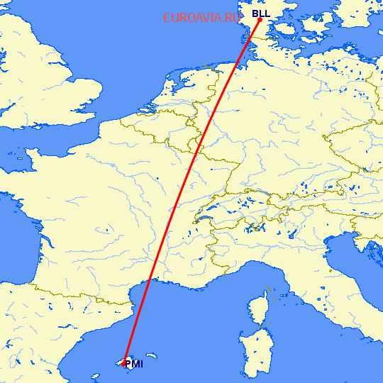 перелет Пальма де Майорка — Биллунд на карте