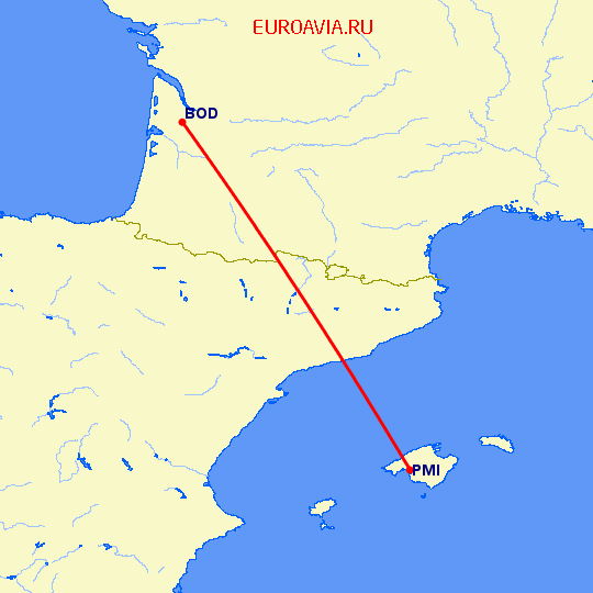 перелет Пальма де Майорка — Бордо на карте