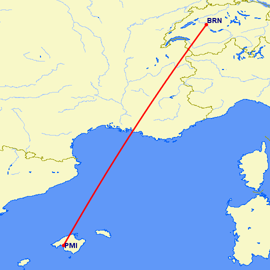 перелет Пальма де Майорка — Берн на карте