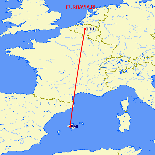 перелет Пальма де Майорка — Брюссель на карте