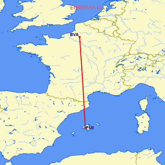 перелет Пальма де Майорка — Париж на карте