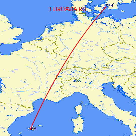 перелет Пальма де Майорка — Копенгаген на карте