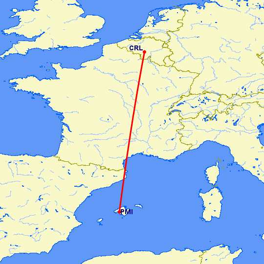 перелет Пальма де Майорка — Шарлеруа на карте