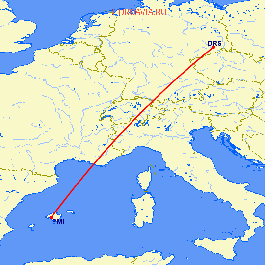 перелет Пальма де Майорка — Дрезден на карте