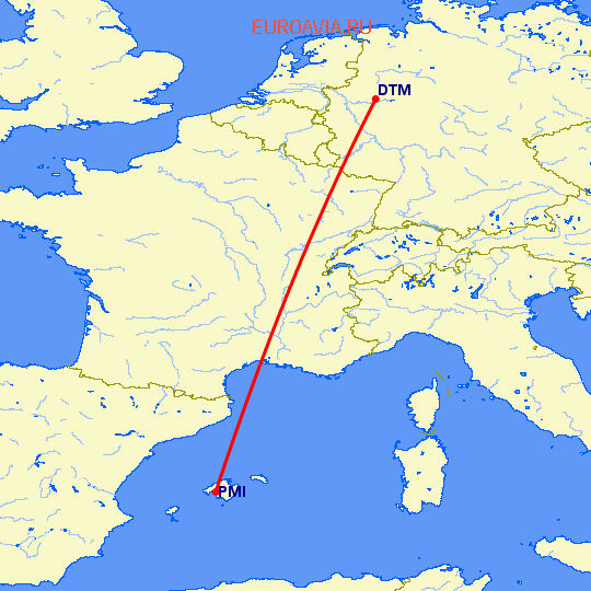 перелет Пальма де Майорка — Дортмунд на карте