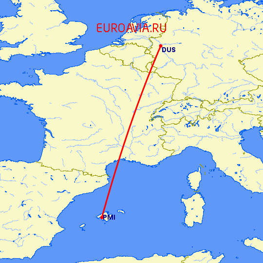 перелет Пальма де Майорка — Дюссельдорф на карте