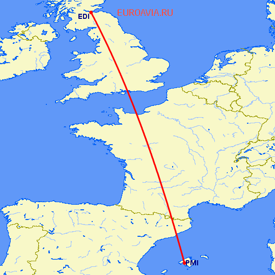 перелет Пальма де Майорка — Эдинбург на карте