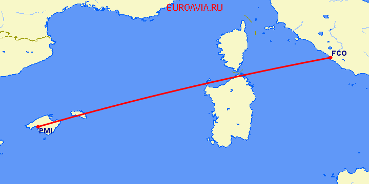 перелет Пальма де Майорка — Рим на карте