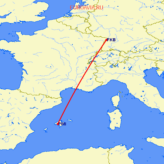 перелет Пальма де Майорка — Карлсруэ-Баден Баден на карте