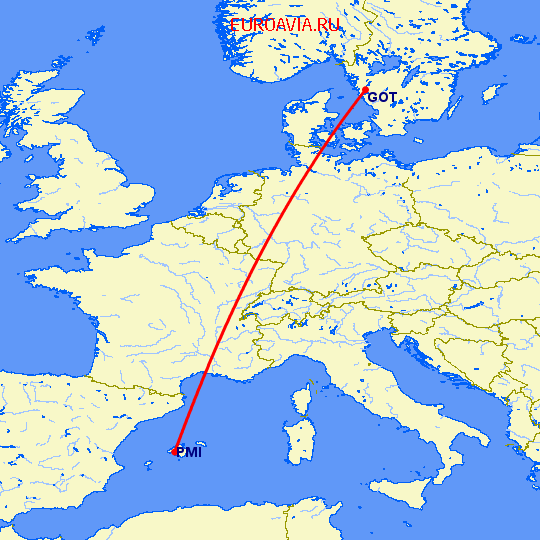 перелет Пальма де Майорка — Гетеборг на карте