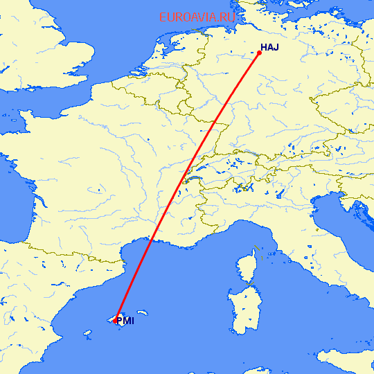 перелет Пальма де Майорка — Ганновер на карте