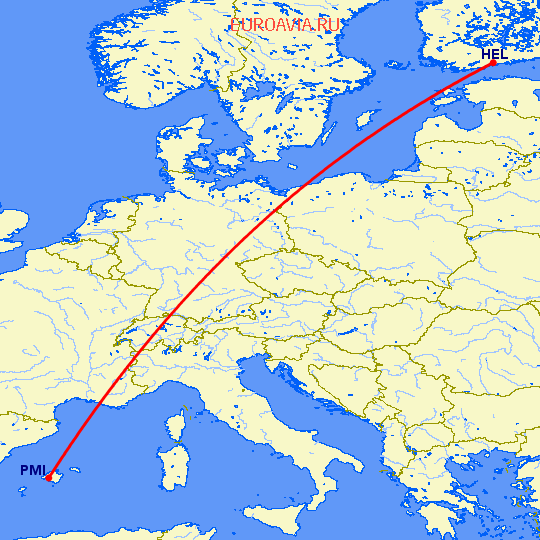 перелет Пальма де Майорка — Хельсинки на карте