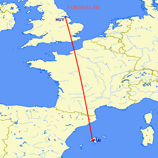 перелет Пальма де Майорка — Хамберсайд на карте
