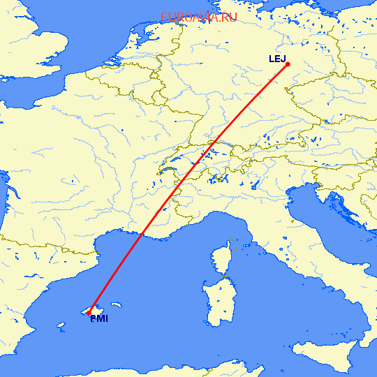 перелет Пальма де Майорка — Лейпциг Галле на карте
