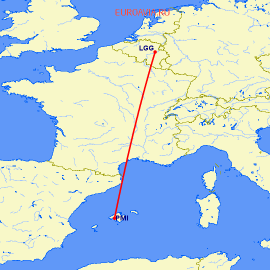 перелет Пальма де Майорка — Льеж на карте