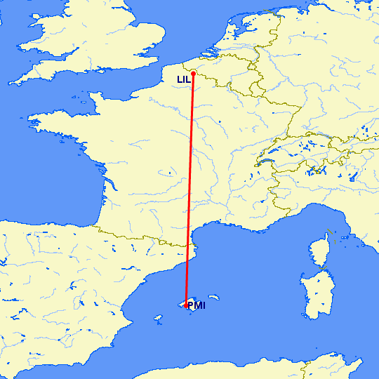 перелет Пальма де Майорка — Лилль на карте
