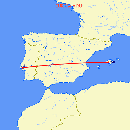 перелет Пальма де Майорка — Лиссабон на карте