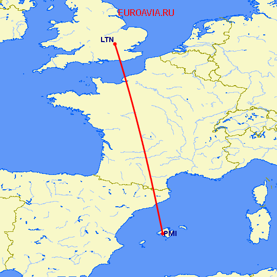 перелет Пальма де Майорка — Luton на карте