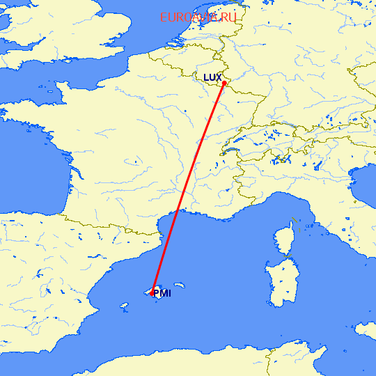 перелет Пальма де Майорка — Люксембург на карте