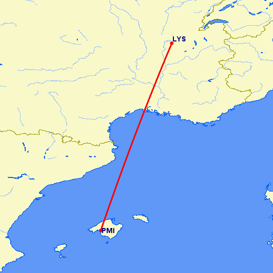 перелет Пальма де Майорка — Лион на карте