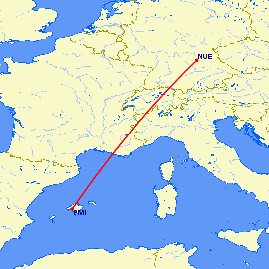 перелет Пальма де Майорка — Нюремберг на карте