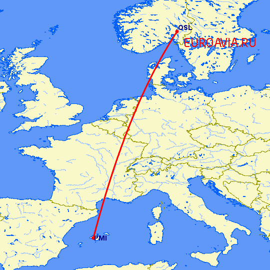 перелет Пальма де Майорка — Осло на карте