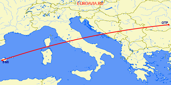 перелет Пальма де Майорка — Бухарест на карте
