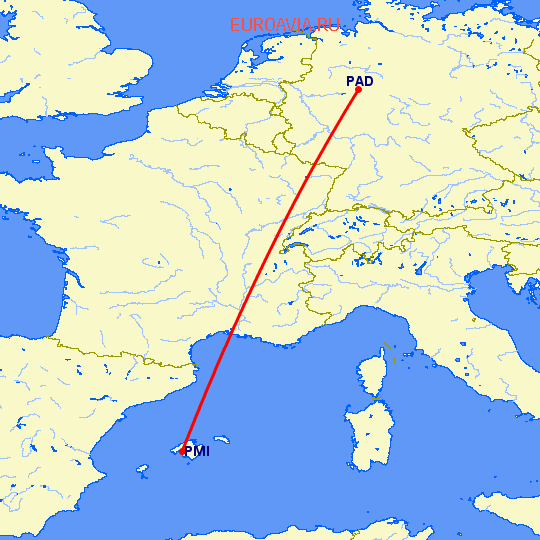перелет Пальма де Майорка — Paderborn на карте