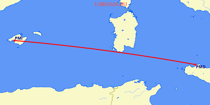 перелет Пальма де Майорка — Палермо на карте